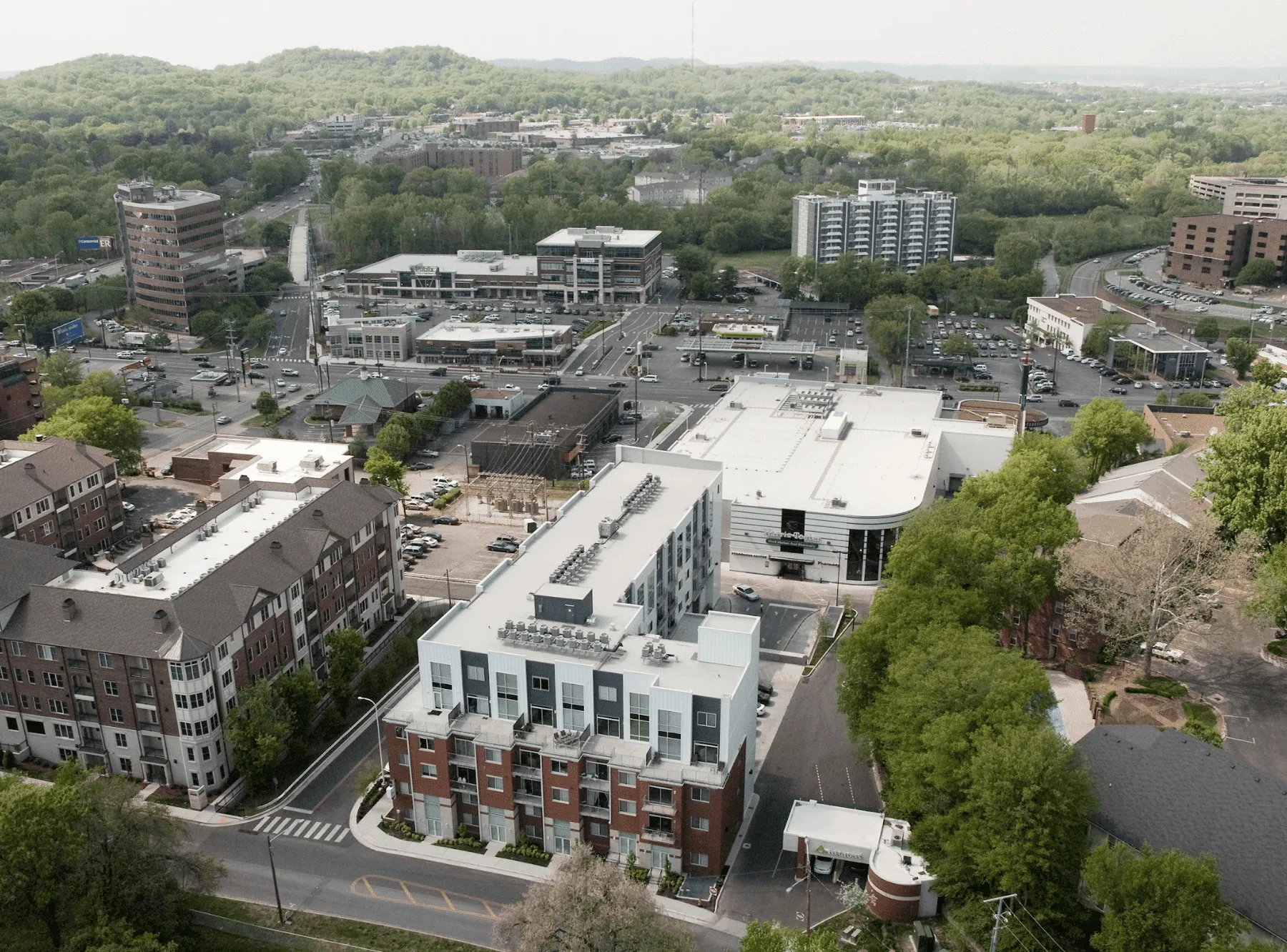 aerial view of multiple commercial buildings in nashville