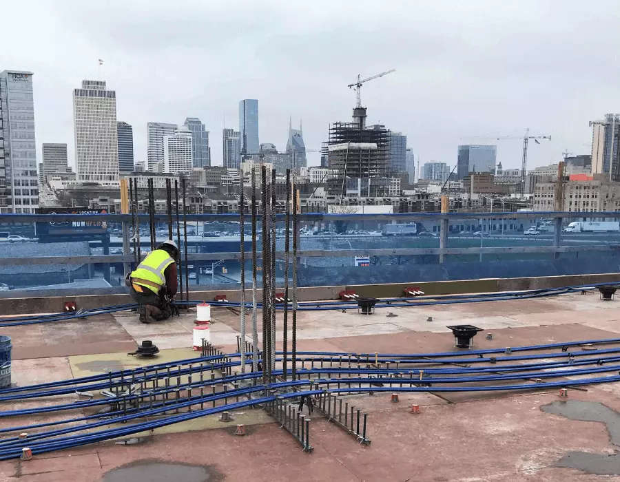 Construction downtown nashville with view of batman building
