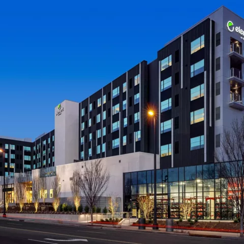 Element hotel building exterior Nashville at Dusk